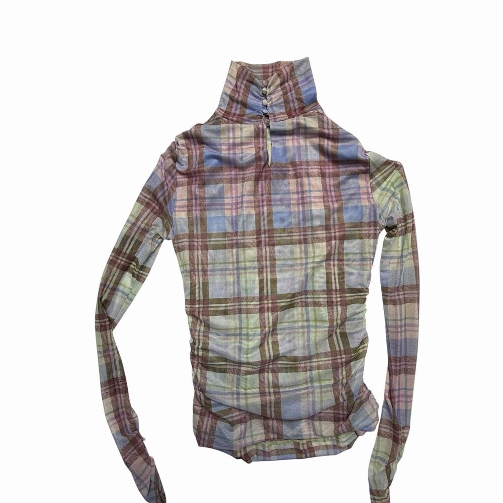 Cinq à Sept Plaid Sheer Mesh Turtleneck Top - Picture 3 of 8